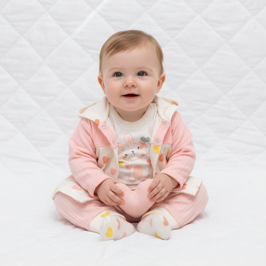 Бебешки комплект “Sweet Heart Bunny” – 3 части, розов крем и сърца
