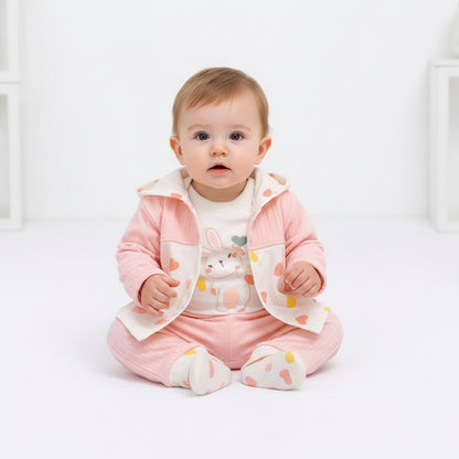 Бебешки комплект “Sweet Heart Bunny” – 3 части, розов крем и сърца