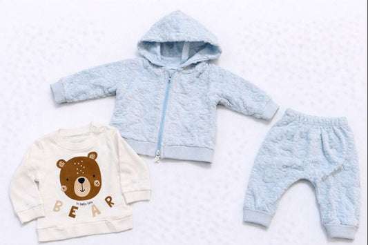 Бебешки комплект “Fluffy Blue Bear” – 3 части, небесносиньо и екрю
