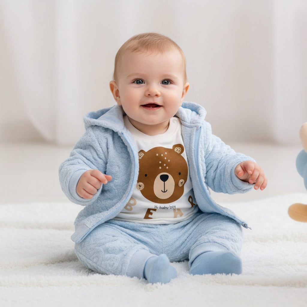 Бебешки комплект “Fluffy Blue Bear” – 3 части, небесносиньо и екрю