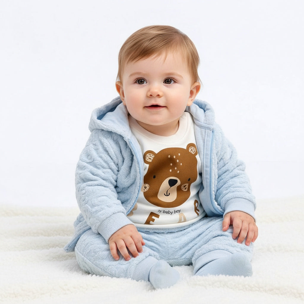 Бебешки комплект “Fluffy Blue Bear” – 3 части, небесносиньо и екрю