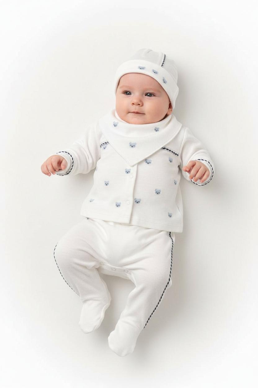 Бебешки комплект „Blue Bear“ – 5 части, екрю и синьо