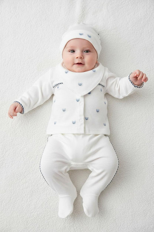 Бебешки комплект „Blue Bear“ – 5 части, екрю и синьо