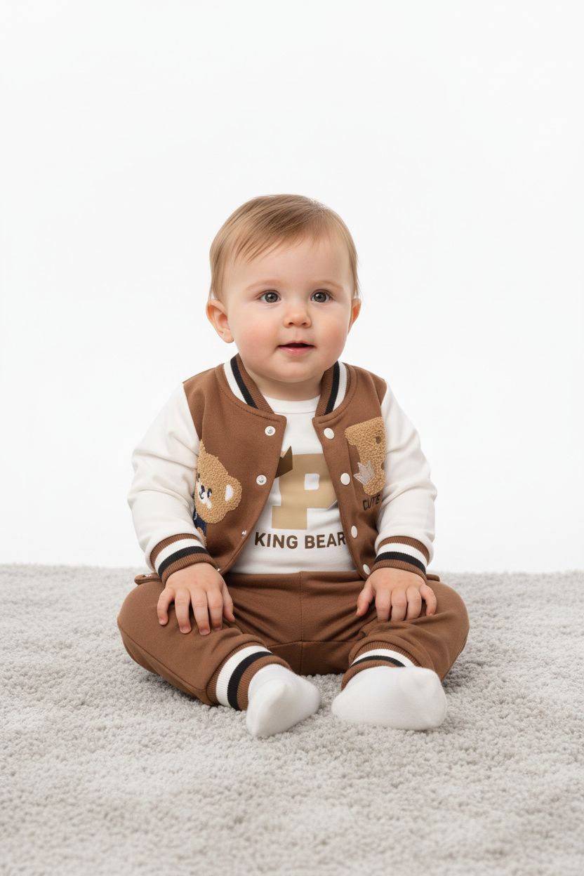 Бебешки комплект „King Bear“ – 3 части, кафяво и екрю
