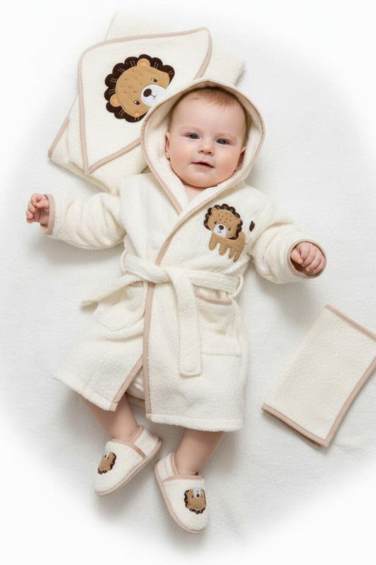 Бебешки хавлиен комплект „Lion Hug“ – 4 части, екрю и бежово