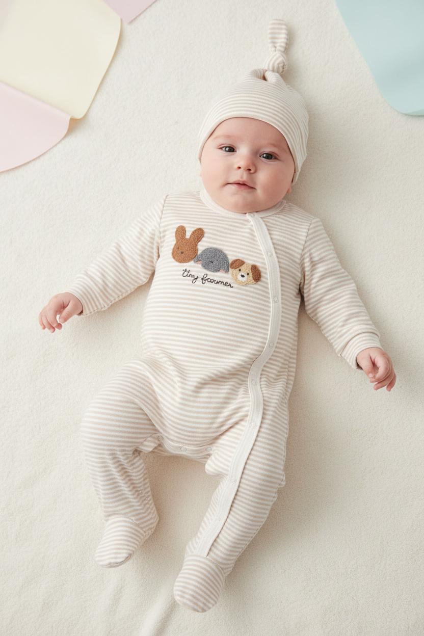 Бебешки гащеризон с шапка „Tiny Farmer“ – 2 части, бежово райе
