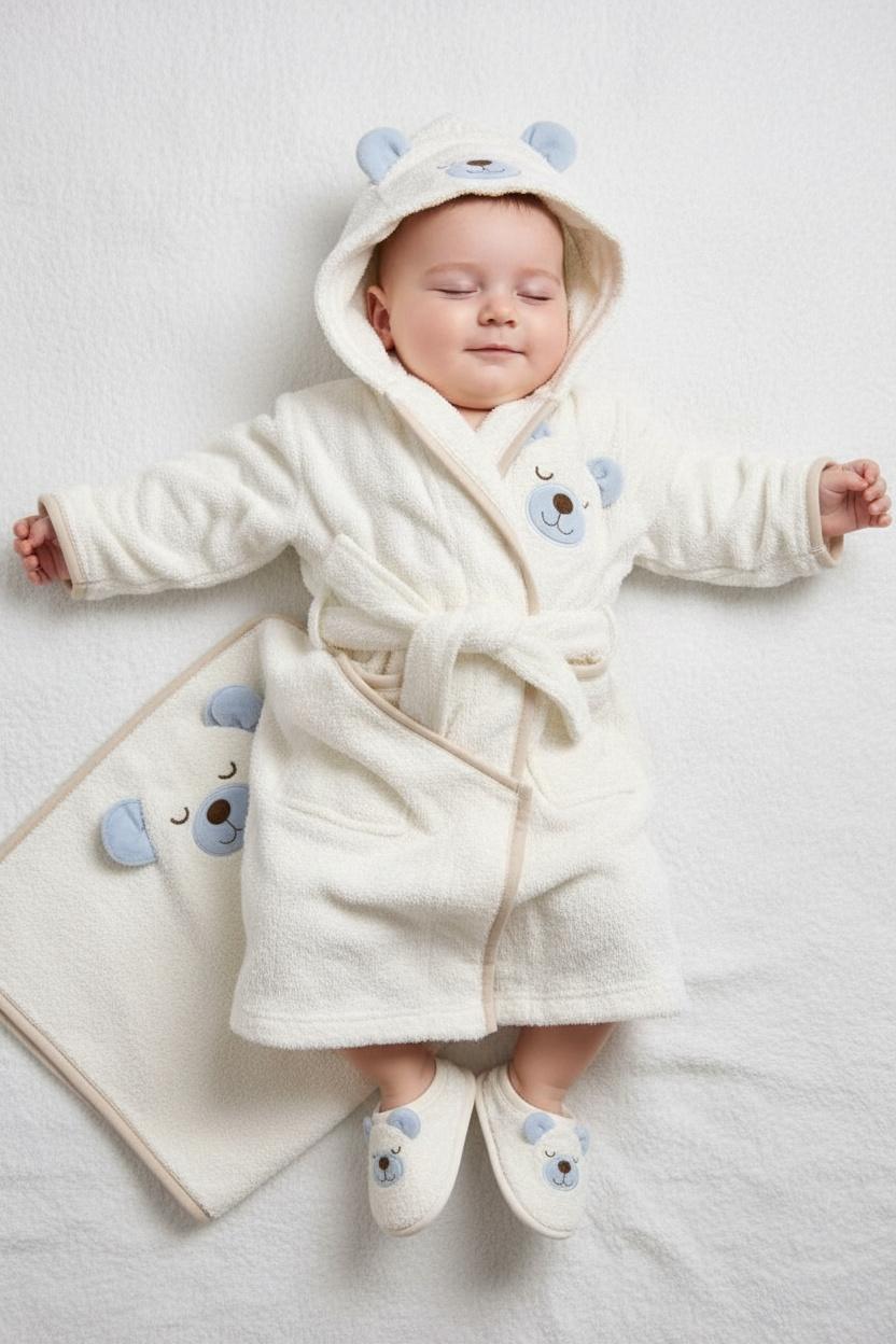 Бебешки хавлиен комплект „Blue Bear Hug“ – 4 части, бяло и синьо