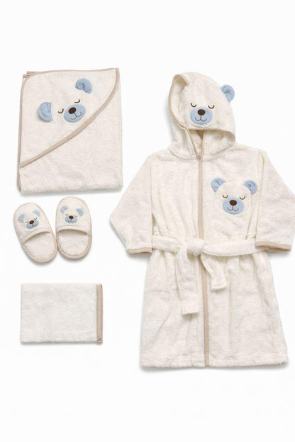 Бебешки хавлиен комплект „Blue Bear Hug“ – 4 части, бяло и синьо