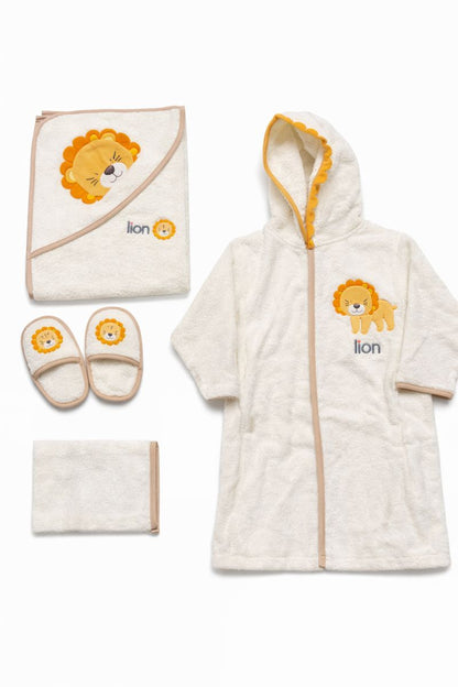 Бебешки хавлиен комплект „Little Lion Hug“ – 4 части, екрю и жълто