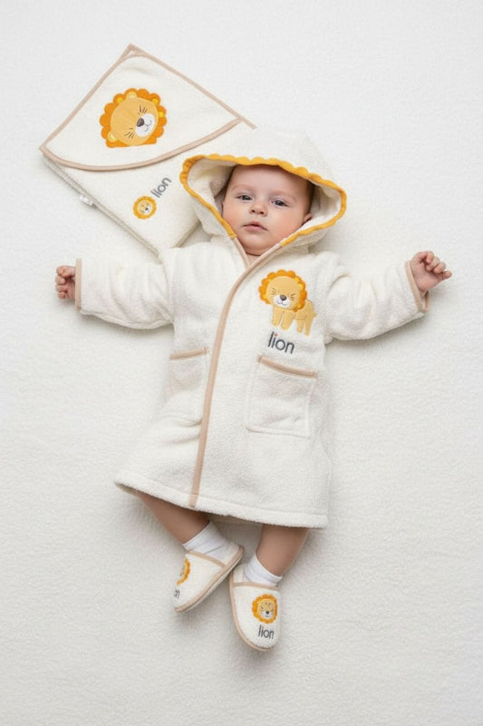 Бебешки хавлиен комплект „Little Lion Hug“ – 4 части, екрю и жълто
