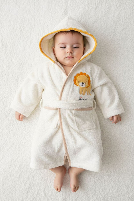 Бебешки хавлиен комплект „Little Lion Hug“ – 4 части, екрю и жълто