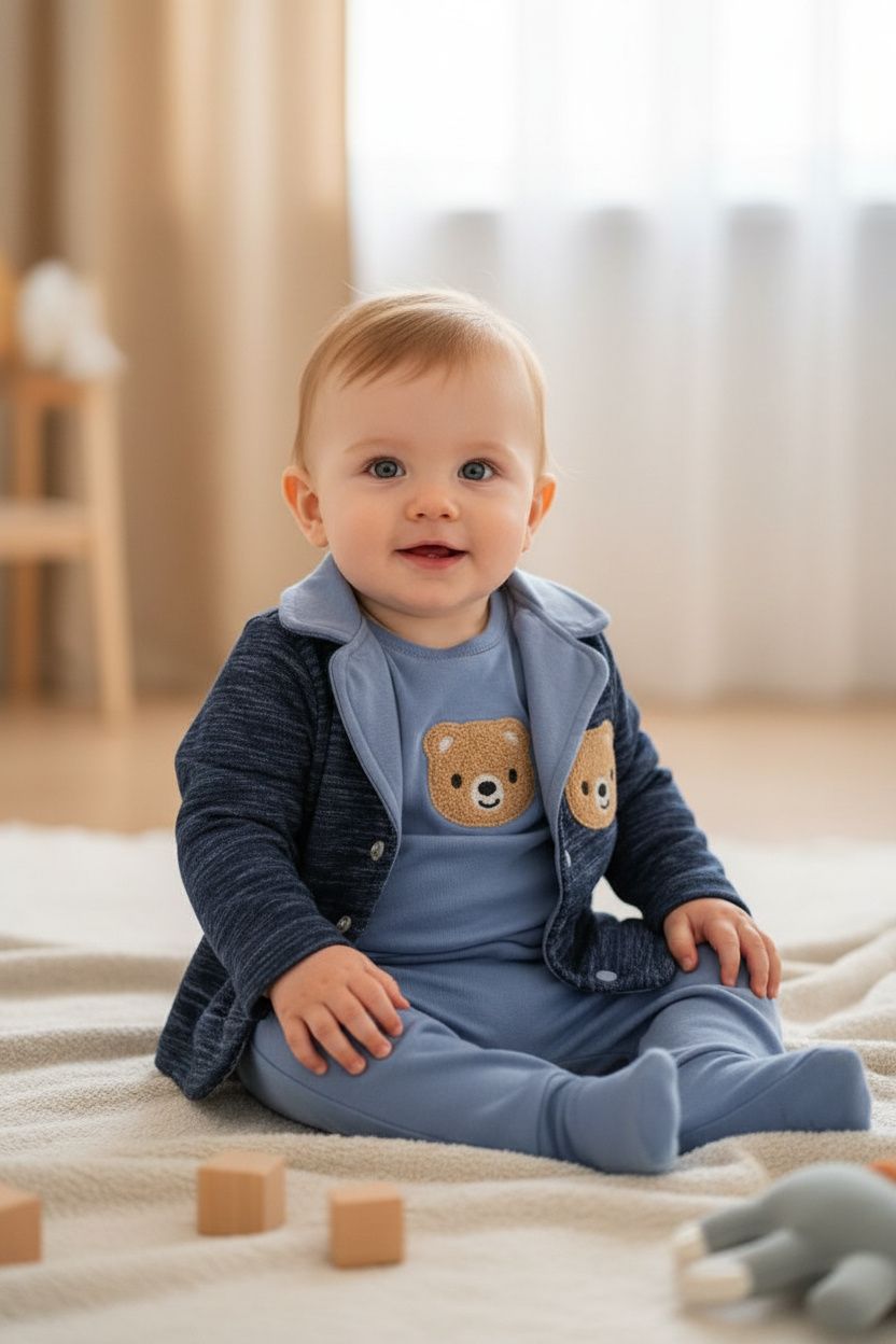 Бебешки комплект „Sweet Bear Sport“ – 3 части, синьо и деним