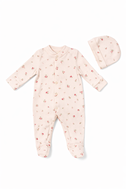 Бебешки гащеризон с шапка „Pink Bloom“ – 2 части, нежно розово