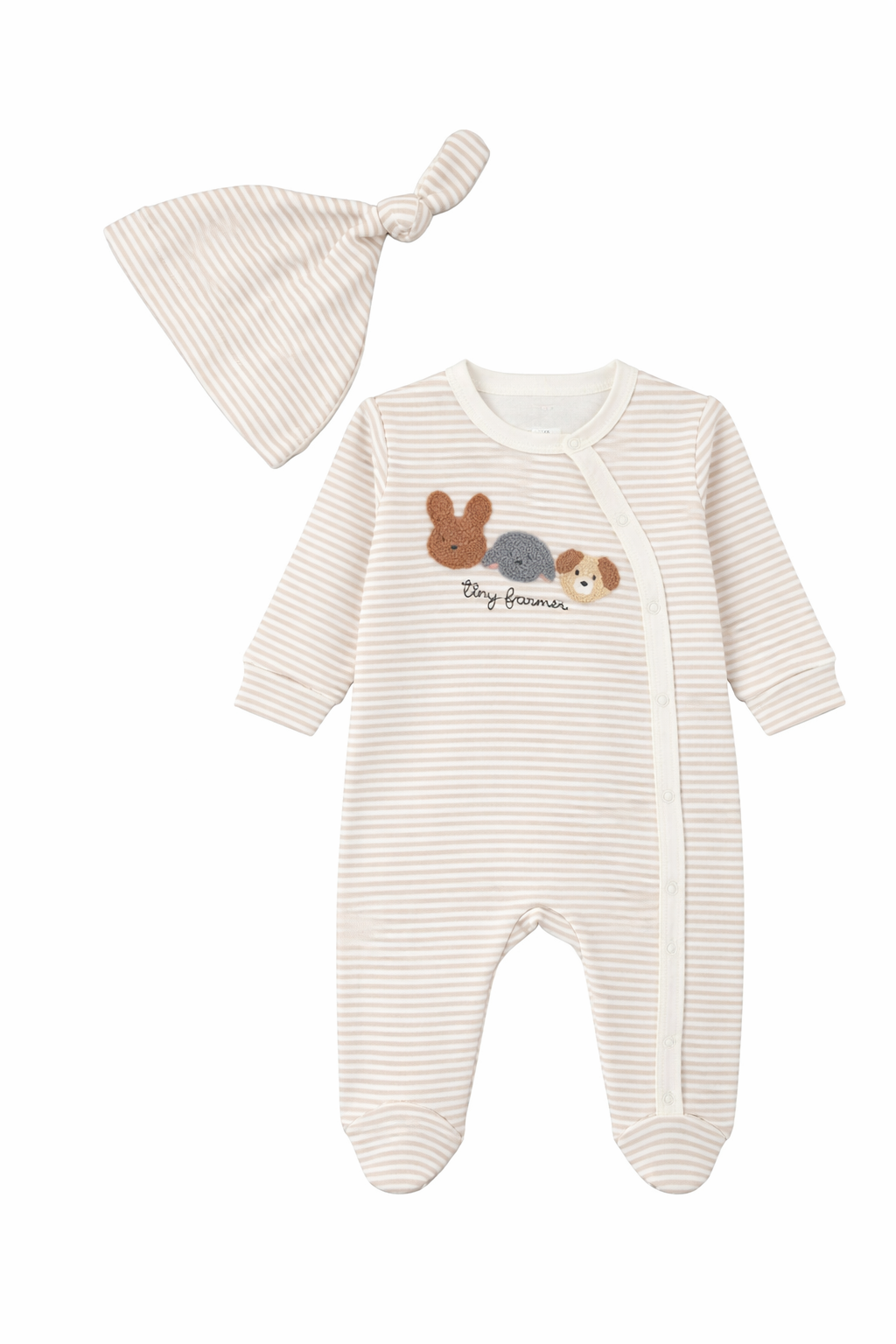 Бебешки гащеризон с шапка „Tiny Farmer“ – 2 части, бежово райе