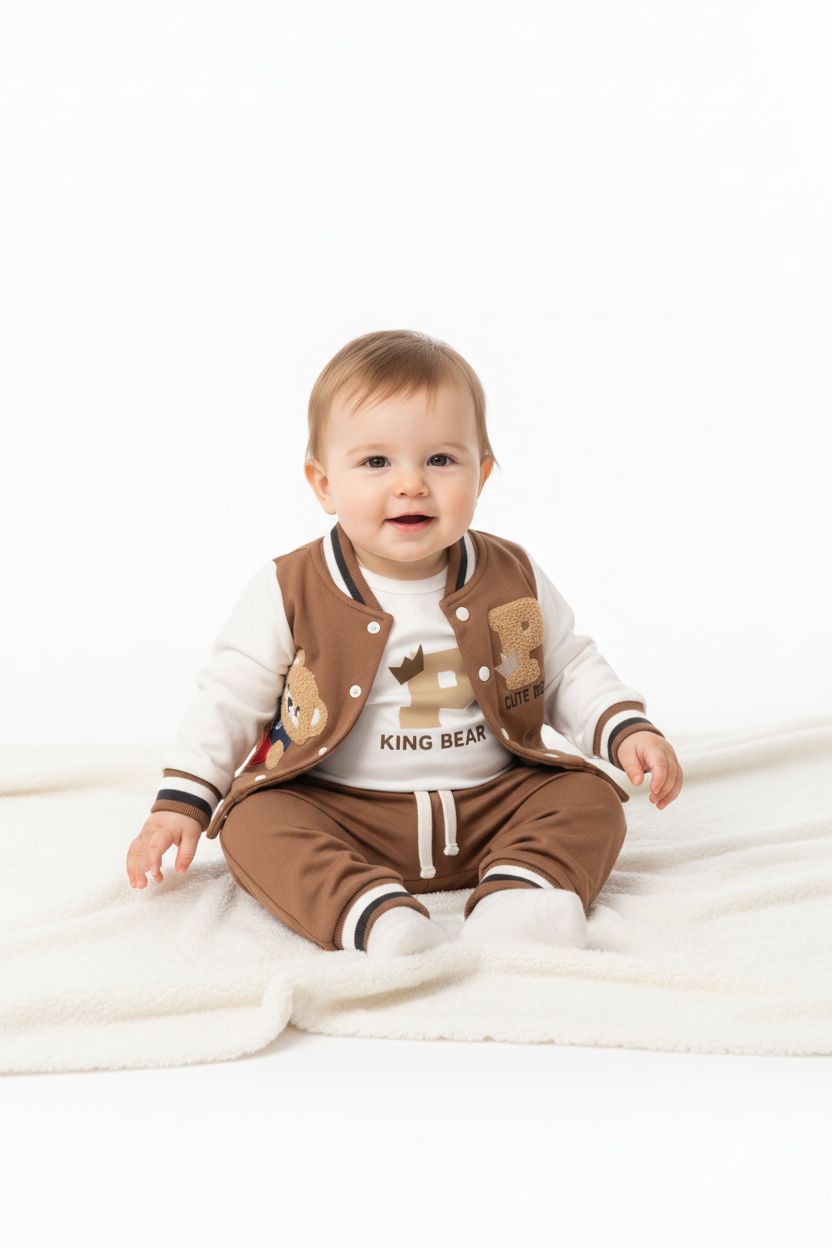 Бебешки комплект „King Bear“ – 3 части, кафяво и екрю