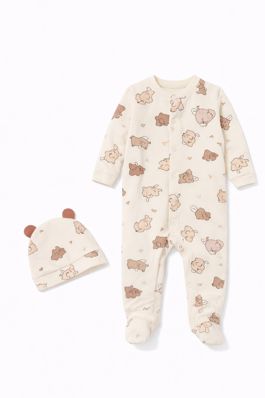 Бебешки гащеризон с шапка „Sweet Bears“ – 2 части, екрю