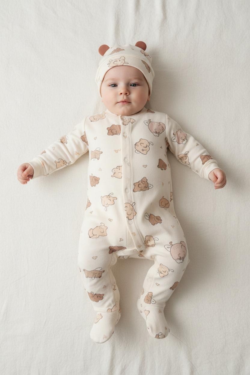 Бебешки гащеризон с шапка „Sweet Bears“ – 2 части, екрю