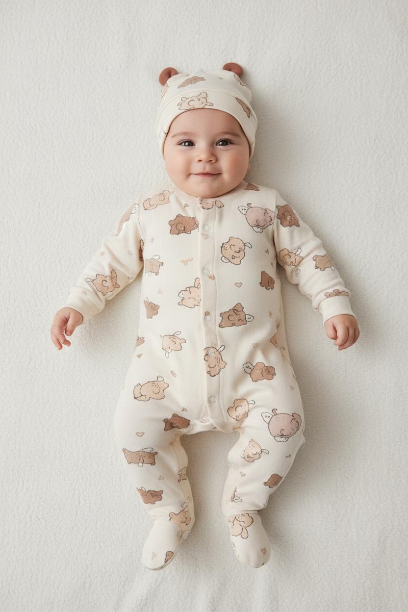 Бебешки гащеризон с шапка „Sweet Bears“ – 2 части, екрю