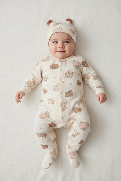 Бебешки гащеризон с шапка „Sweet Bears“ – 2 части, екрю