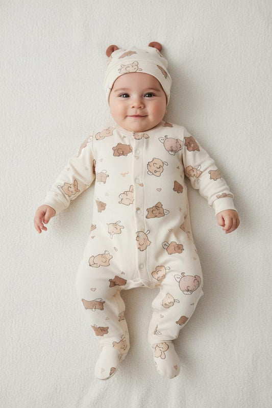 Бебешки гащеризон с шапка „Sweet Bears“ – 2 части, екрю