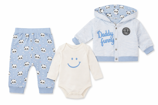 Бебешки комплект „Daddy Funny Panda“ – 3 части, синьо и бяло