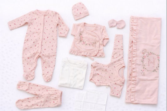 Бебешки комплект за изписване „Sweet Blossom“ – 10 части, розово и екрю