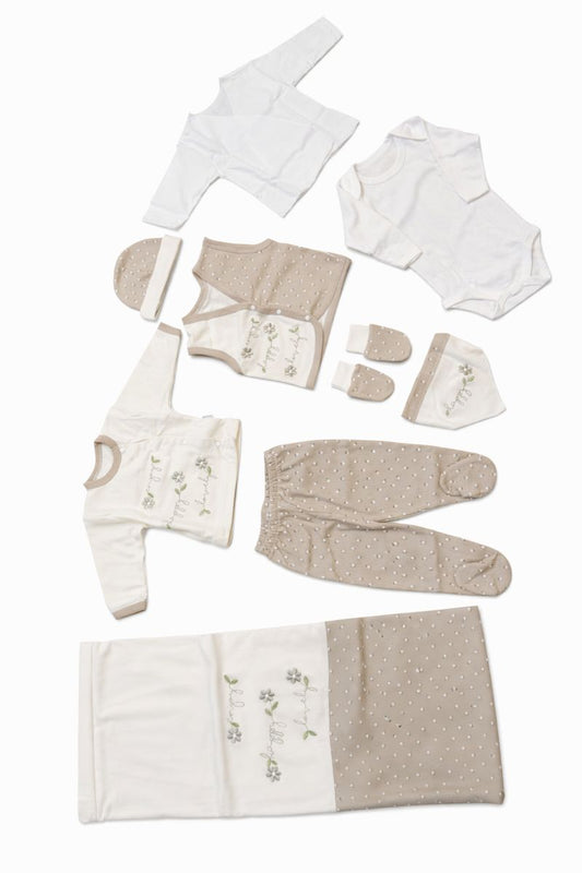 Бебешки комплект за изписване „Gentle Blossom“ – 10 части, бяло и бежово