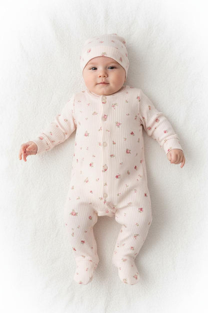 Бебешки гащеризон с шапка „Pink Bloom“ – 2 части, нежно розово