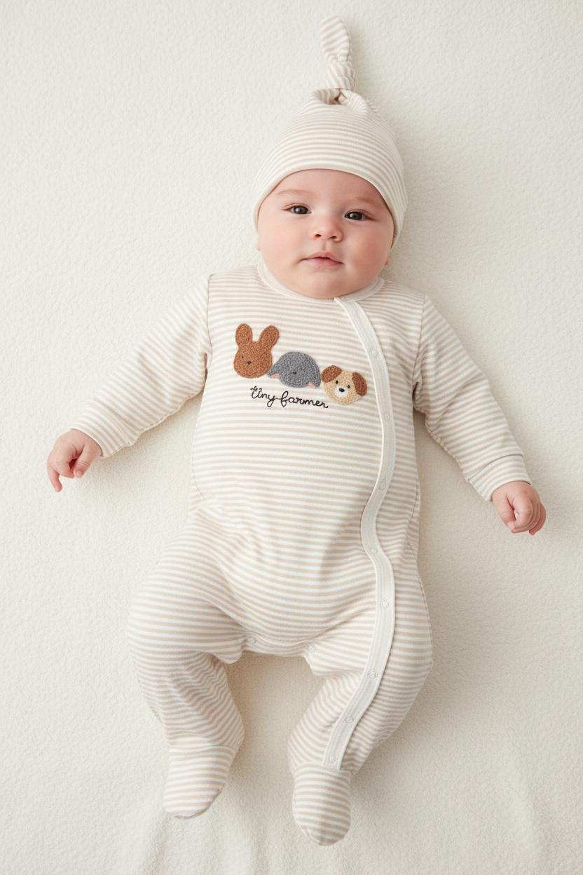 Бебешки гащеризон с шапка „Tiny Farmer“ – 2 части, бежово райе