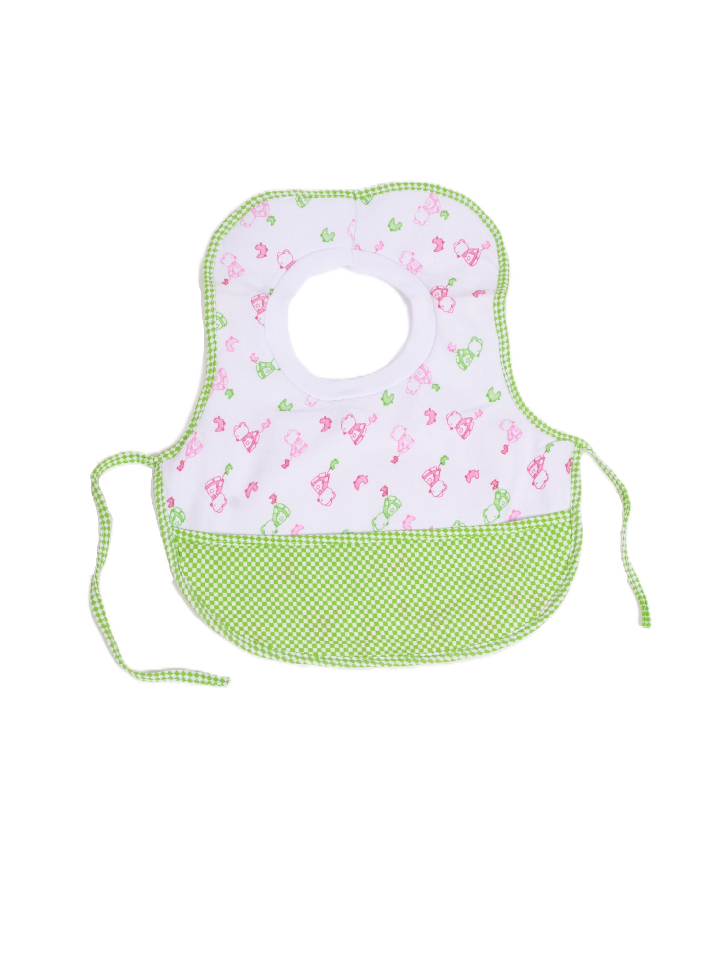 Бебешки лигавник със зелени детайли и принт на колички