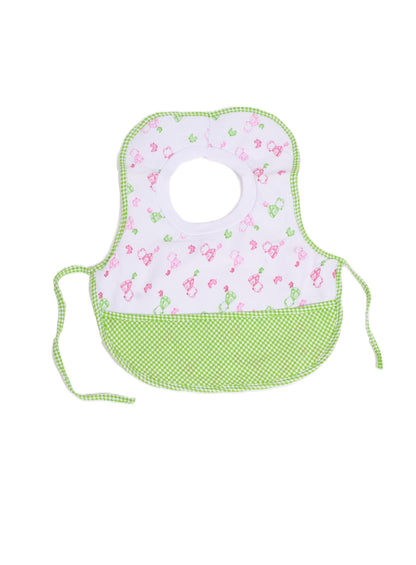 Бебешки лигавник със зелени детайли и принт на колички