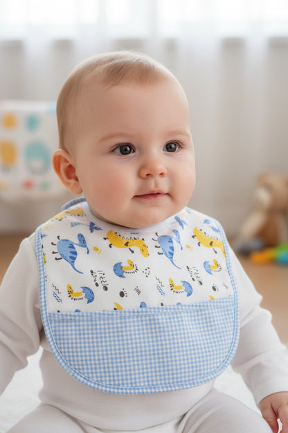 Бебешки лигавник с динозаври и сини детайли