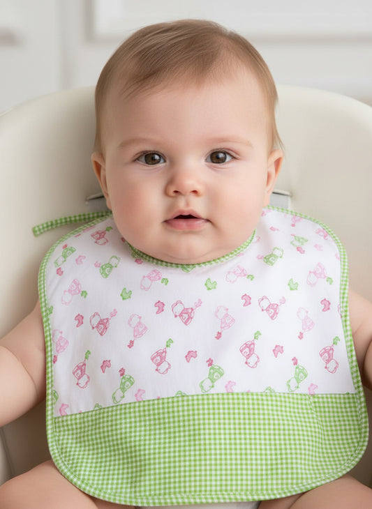 Бебешки лигавник със зелени детайли и принт на колички