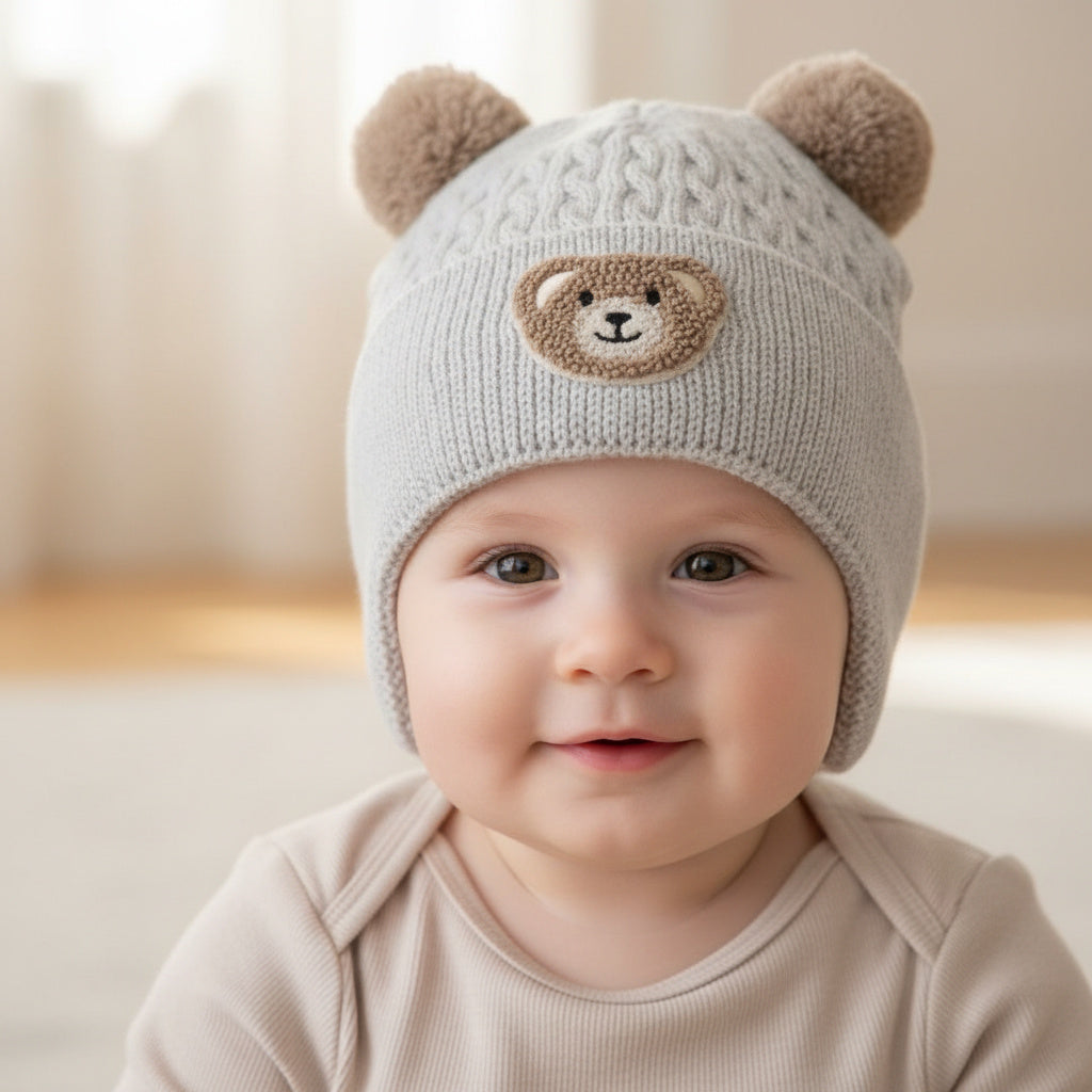Бебешка плетена шапка “Blue Teddy” – сива