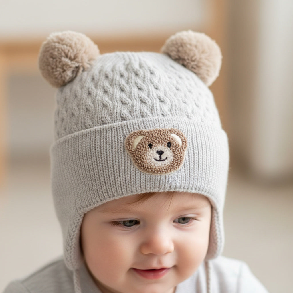 Бебешка плетена шапка “Blue Teddy” – сива