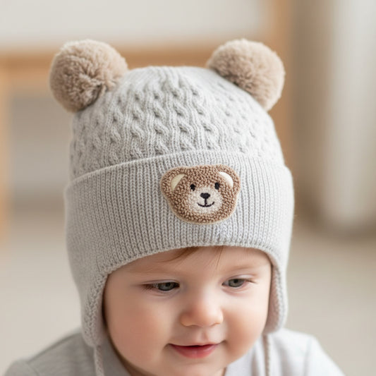 Бебешка плетена шапка “Blue Teddy” – сива