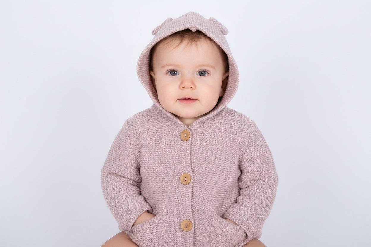 Бебешка плетена жилетка с качулка „Pink Bear Ears“