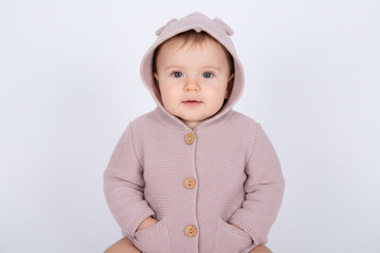 Бебешка плетена жилетка с качулка „Pink Bear Ears“