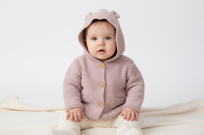 Бебешка плетена жилетка с качулка „Pink Bear Ears“