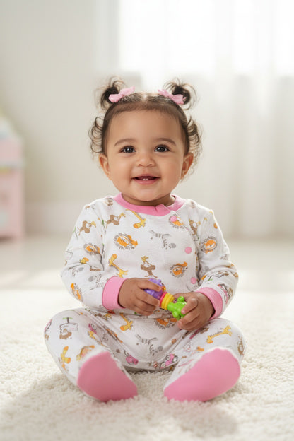 Бебешки гащеризон с животни и розови кантове