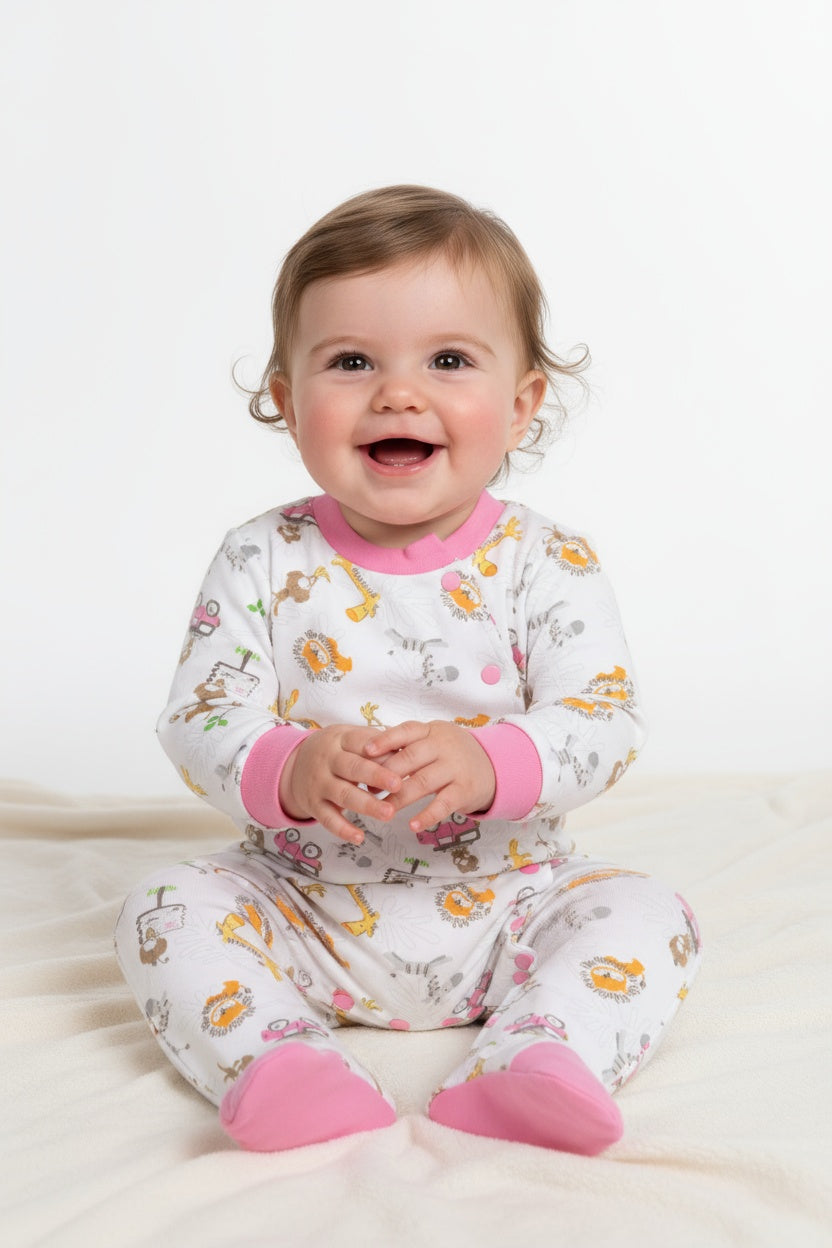 Бебешки гащеризон с животни и розови кантове