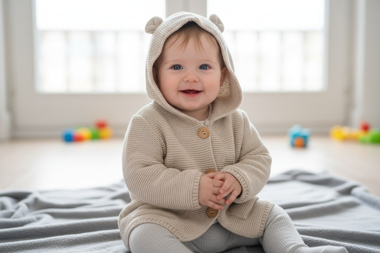 Бебешка плетена жилетка с качулка „Bear Ears“