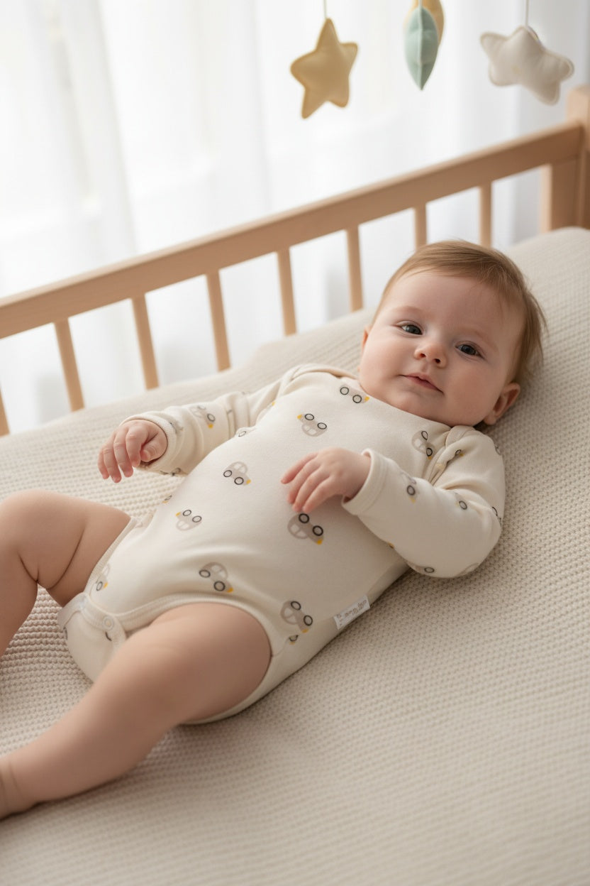 Бебешко боди с дълъг ръкав – „Beige Cars“