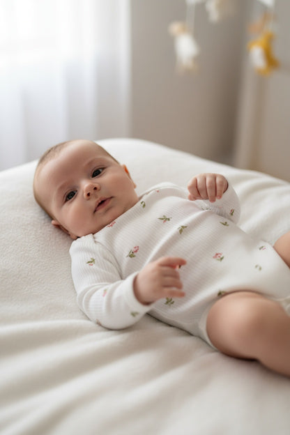 Бебешко боди с дълъг ръкав в цвят екрю с флорален десен