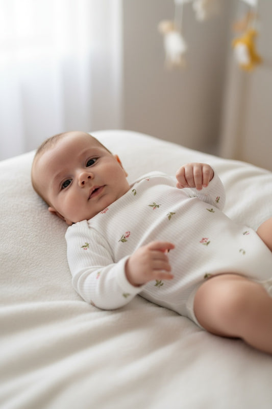 Бебешко боди с дълъг ръкав в цвят екрю с флорален десен