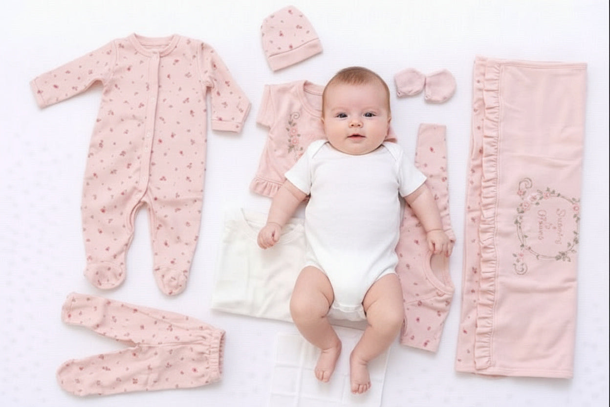 Бебешки комплект за изписване „Sweet Blossom“ – 10 части, розово и екрю