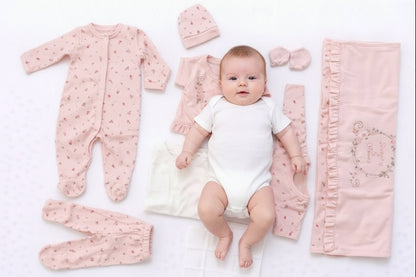 Бебешки комплект за изписване „Sweet Blossom“ – 10 части, розово и екрю