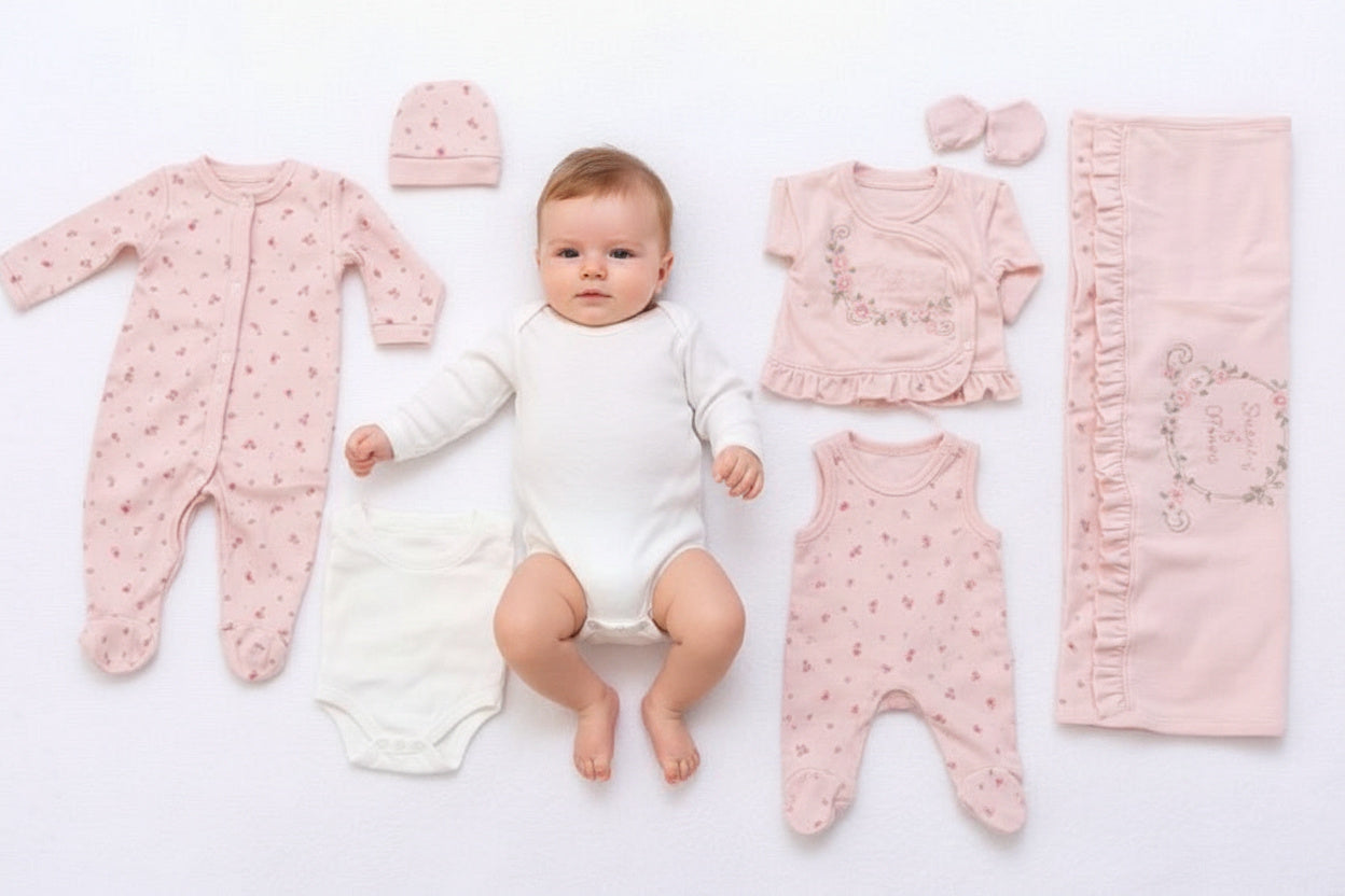 Бебешки комплект за изписване „Sweet Blossom“ – 10 части, розово и екрю