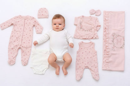 Бебешки комплект за изписване „Sweet Blossom“ – 10 части, розово и екрю