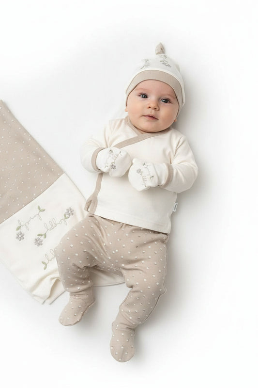 Бебешки комплект за изписване „Gentle Blossom“ – 10 части, бяло и бежово